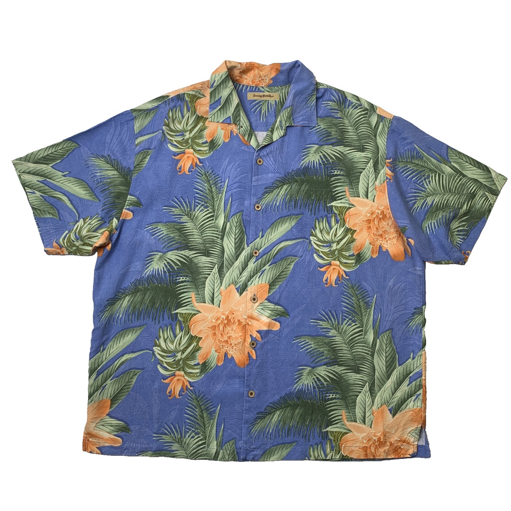 Vintage Tommy Bahama Shirt Mens XL Blue Jay Silk Palm Leaf Tropical Hawaiian Y2K